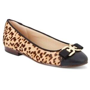 NWT SAM EDELMAN Mage Leopard Cow Hair Leather Gold Metal Logo Flats 6.5